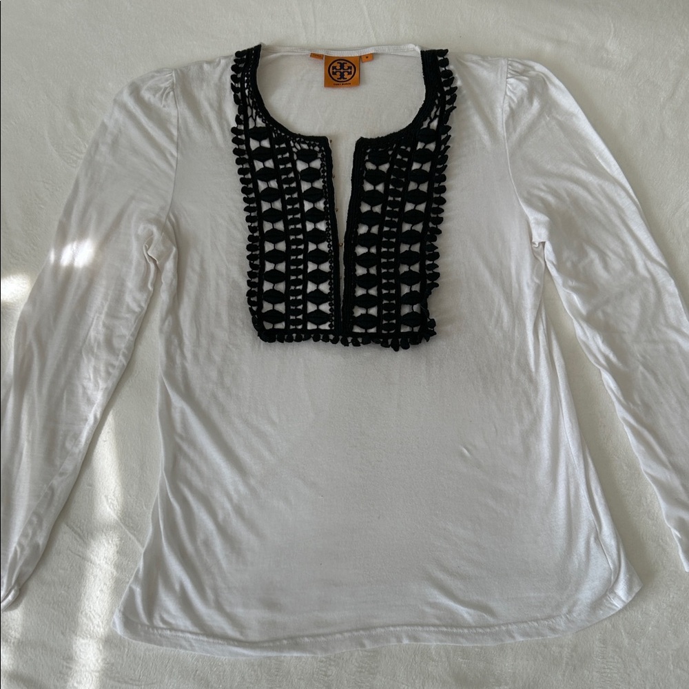 Tory Burch White Long-Sleeve Cotton Top with Black Crochet Front M